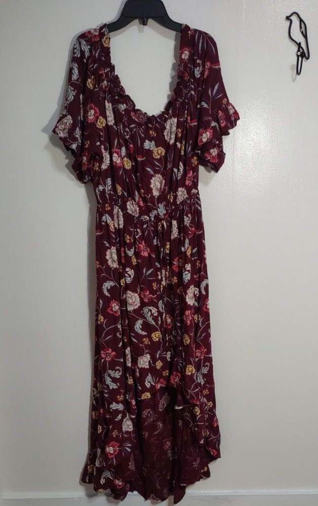 Women's Sz XL Maroon Off the Shoulder Floral Pattern High-Low Dress Drawstring